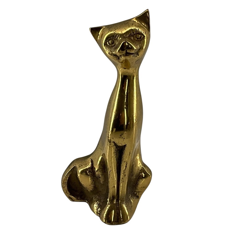 vtg BRASS SIAMESE CAT Statue Decor Hefty Weight Gold Color